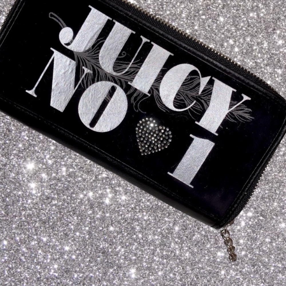 Juicy Couture Rhinestone Letters Black Terry Velour Zip Around Wallet Y2K